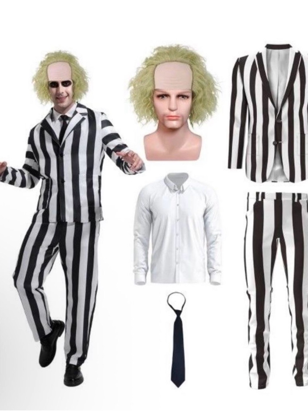 Beetle-Inspired Black & White Striped Kids Costume with Wig and Tie